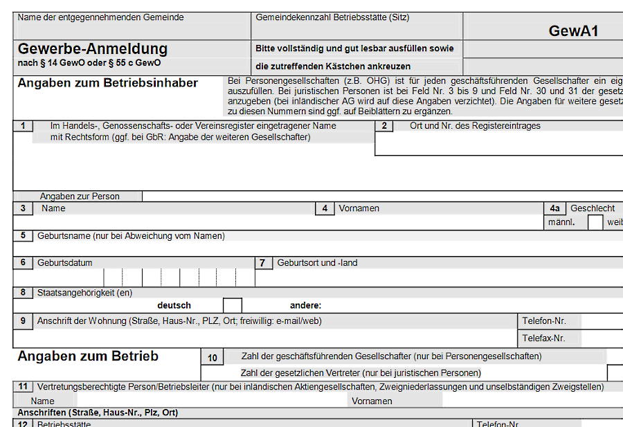 Formular Gewerbeanmeldung Ausschnitt